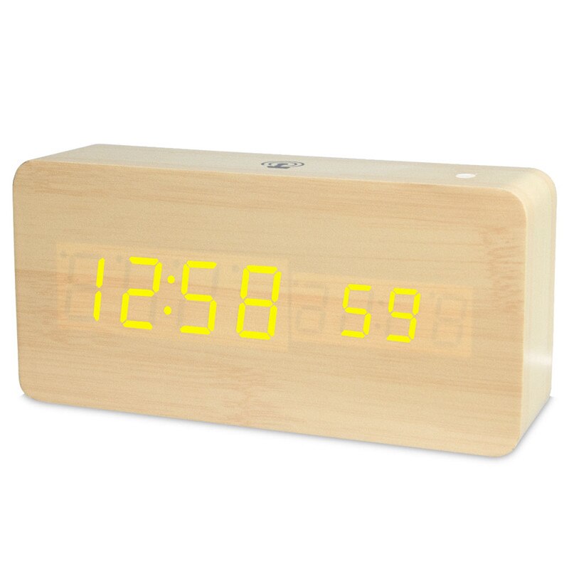 Led digital de madeira despertador app controle tempo temperatura data eletrônico desktop relógio usb bateria brilho controle de som: BAMBOO-YELLOW
