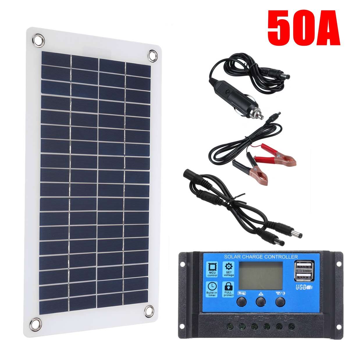 40W 12V Protable Solar Panel Kit 2 USB Port with 10A-60A LCD Display Solar Charge Controller Off Grid for Outdoor Camping: 40W 50A