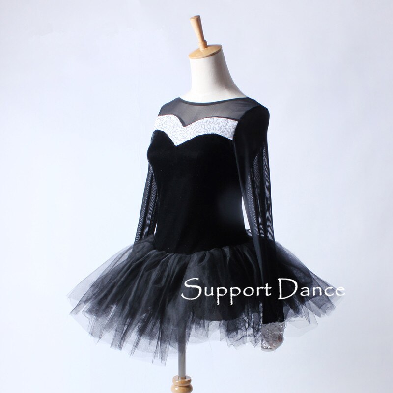Vestido de tutú de ballet negro de manga larga de malla para actuación de adultos C262