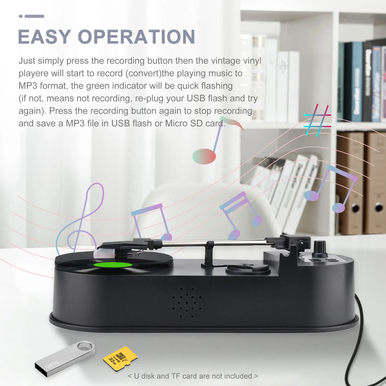 33/45RPM Turntable Player Converter to Save Vinyl Music Records to TF Card/USB Built in Speaker Turntable to MP3 No Need PC