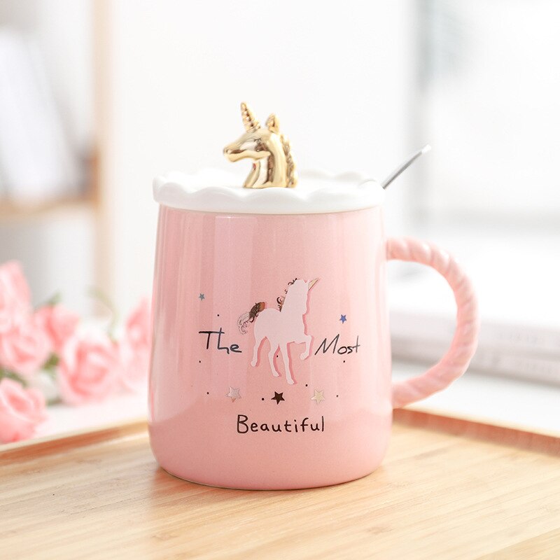 Pink enhjørning krus keramik kop sød mærke kop med låg ske vand kaffe kop: C