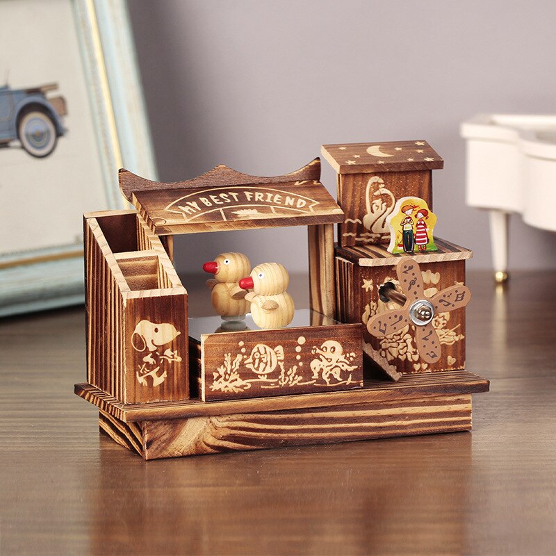 Wooden Windmill Rotating Music Box Musical Case with Little Bird Pen Holder Birthday Hoilday Students