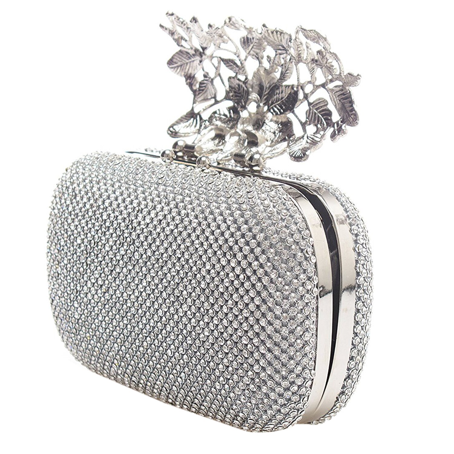 Unique Clasp Silver Diamante Crystal Diamond Evening bag Clutch Purse Party Bridal Prom