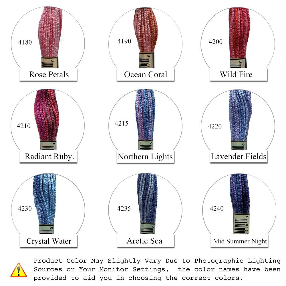 Color Variations Embroidery Floss Pack Variegated Cross Stitch Thread Bonfire Gold Arctic Sea Blue Rose Petals Purple, 8.7 Yard