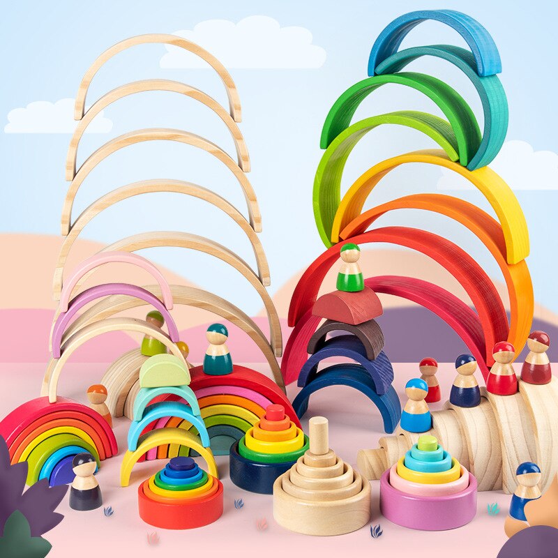 Holz Regenbogen Blöcke Regenbogen Stacker Holz Spielzeug Nesting Puzzle Regenbogen Bausteine Montessori Lernen Pädagogisches Spielzeug