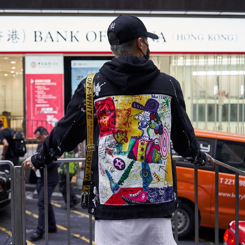 Graffiti print jeans jakke streetwear sorte denim jakker mænd hip hop graffit frakke efterår toppe mandlige