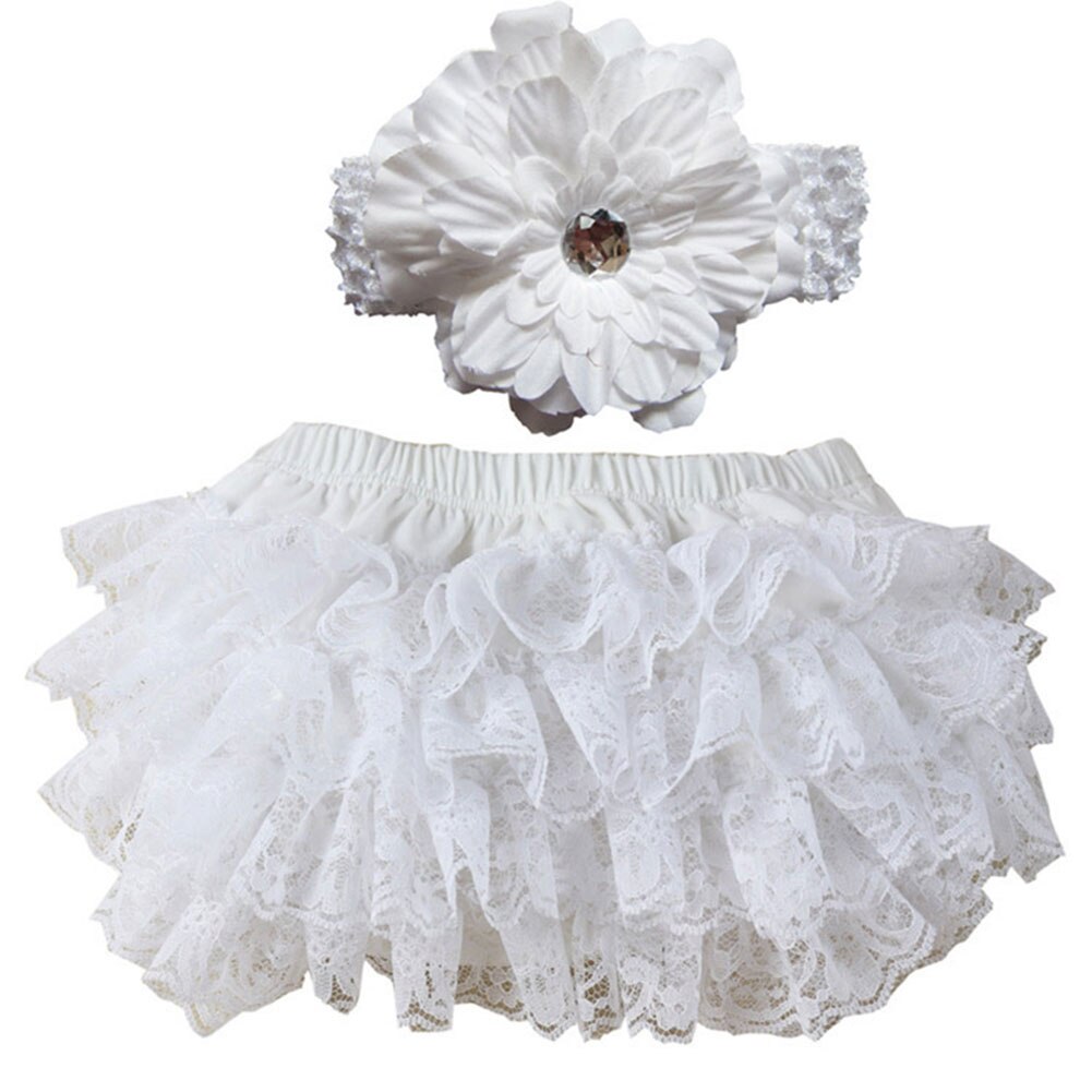 Cute Baby Girl Bloomers Diaper Cover Headband Set Newborn Ruffle Panties Lace Infant Shorts NSV775: White / 12M