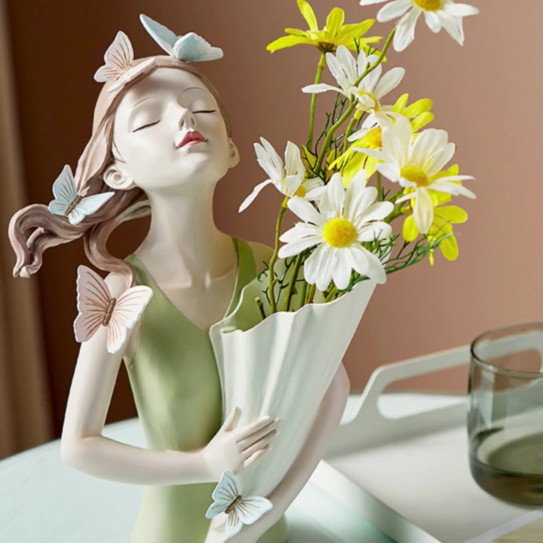 Kreatywna skandynawska moda motyl dziewczyna trzyma kwiat kwiat z żywicy kwiatek doniczkowy układ wazon suszony kwiat kwiat sztuka miękki deco