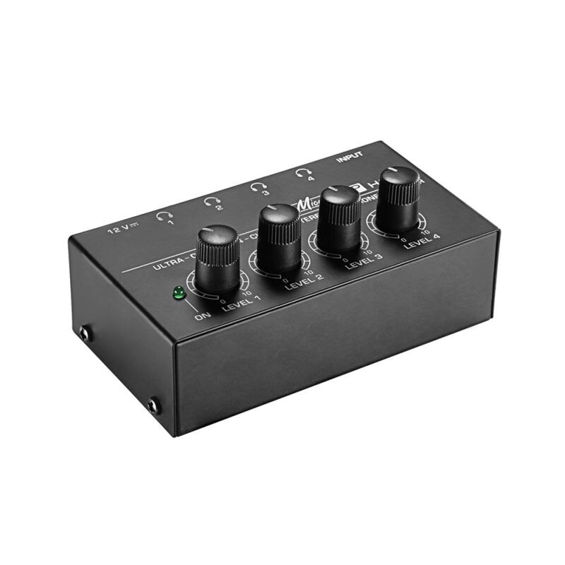 4 kanalen Hoofdtelefoon Versterker Mini Stereo Audio Oortelefoon Splitter voor Geluidsversterking Studio Zwart: Black EU Plug