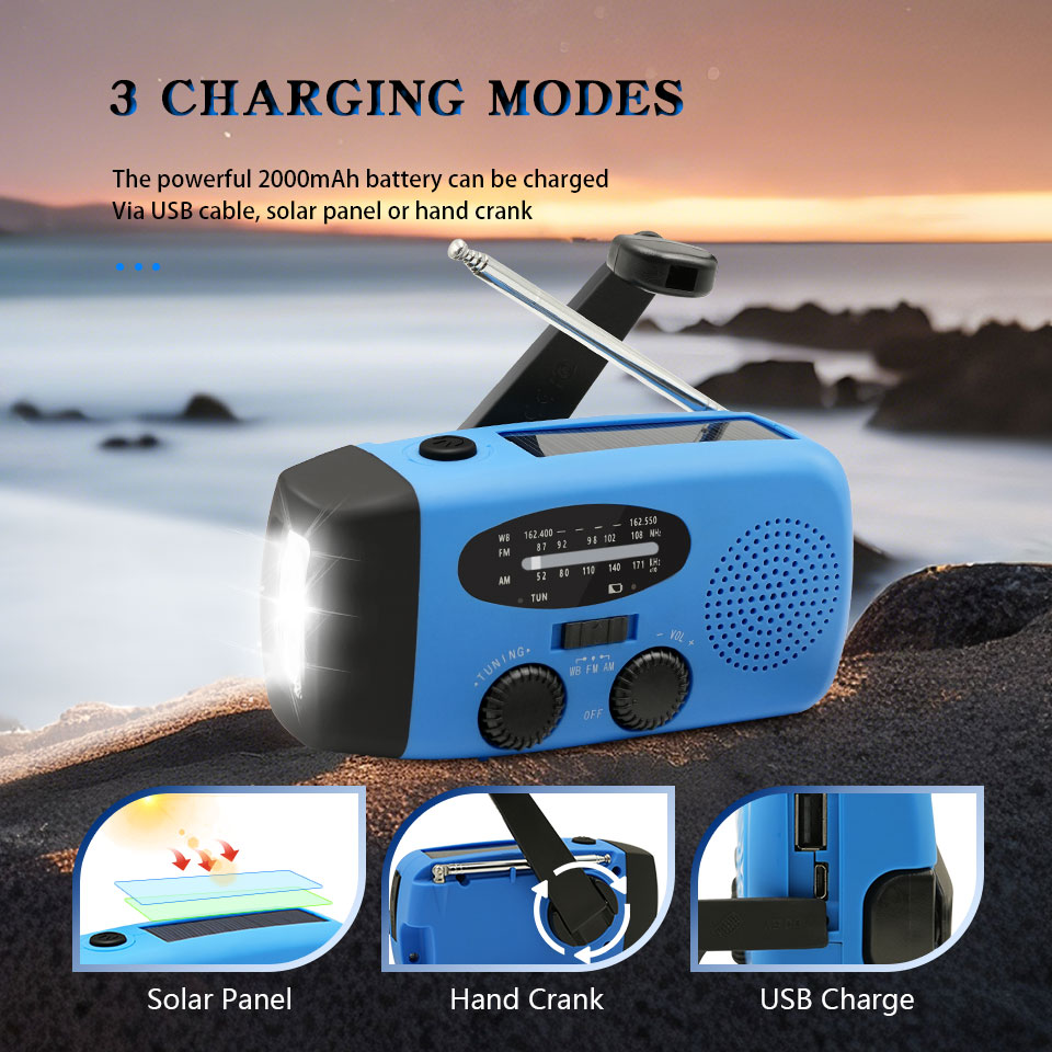 2000mAh rechargeable portable radio Solar Hand Crank emergency radio survival Weather Radio fm USB Charging battery operated