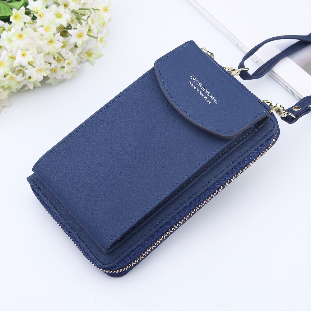 Kvinder tegnebog mærke mobiltelefon tegnebog store kortholder tegnebog håndtaske pung kobling messenger skulderstropper taske: Blå