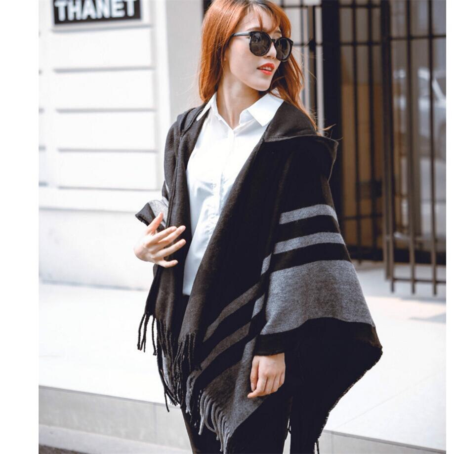 Bufanda de invierno de para mujer, ponchos y capas de color beige y negro a rayas, chales y bufandas cálidas y gruesas con capucha, prendas de vestir para mujer