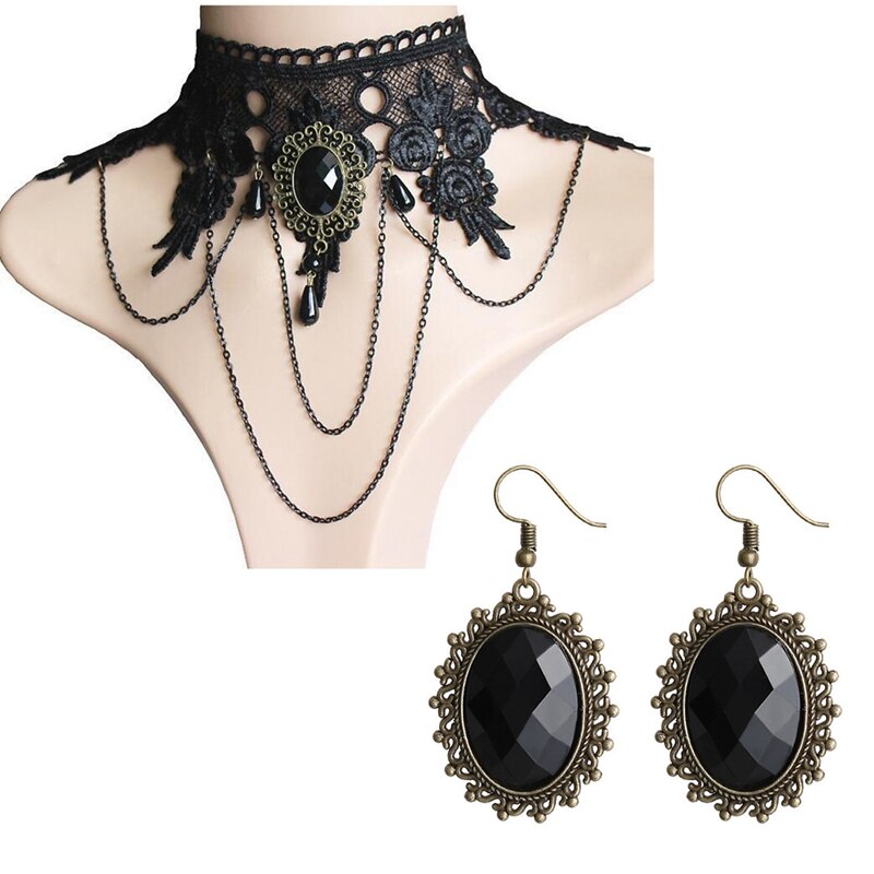 Boho Parure di Gioielli da Donna Vintage Gothic Orecchini Set di Halloween Dei Monili Delle Donne Set Collana Del Choker Del Merletto Anello della Mano Del Braccialetto Set: 2