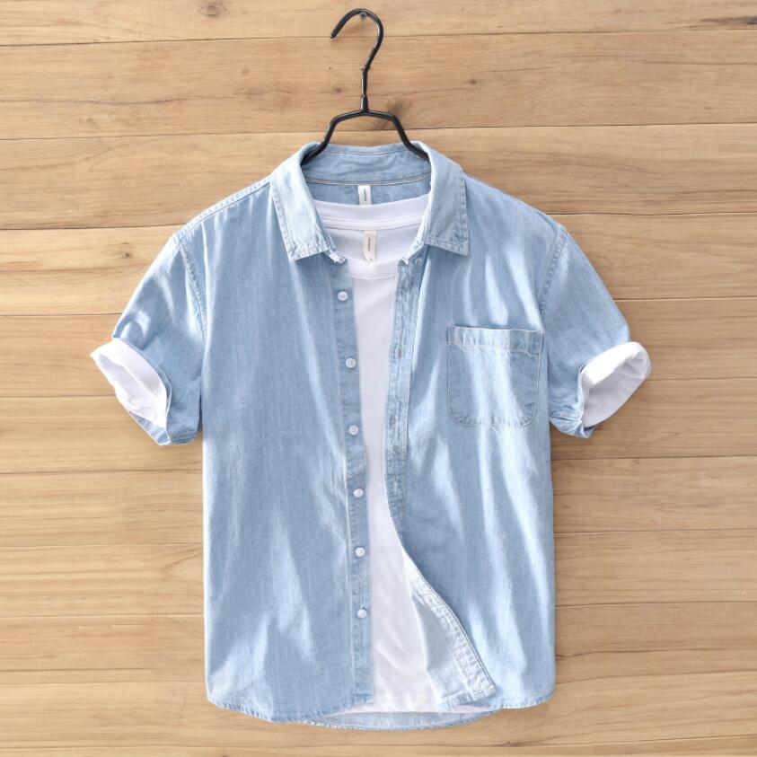 Denim Shirt casual men's short sleeved shirts slim breathes Cool hawaiianshirt: light blue / XXXL