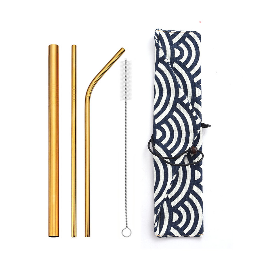 Reusable Metal Drinking Straws 304 Stainless Steel Straw Bent Straight Smoothies Straw with Cleaning Brush Bar Party Accessory: gold-bag5
