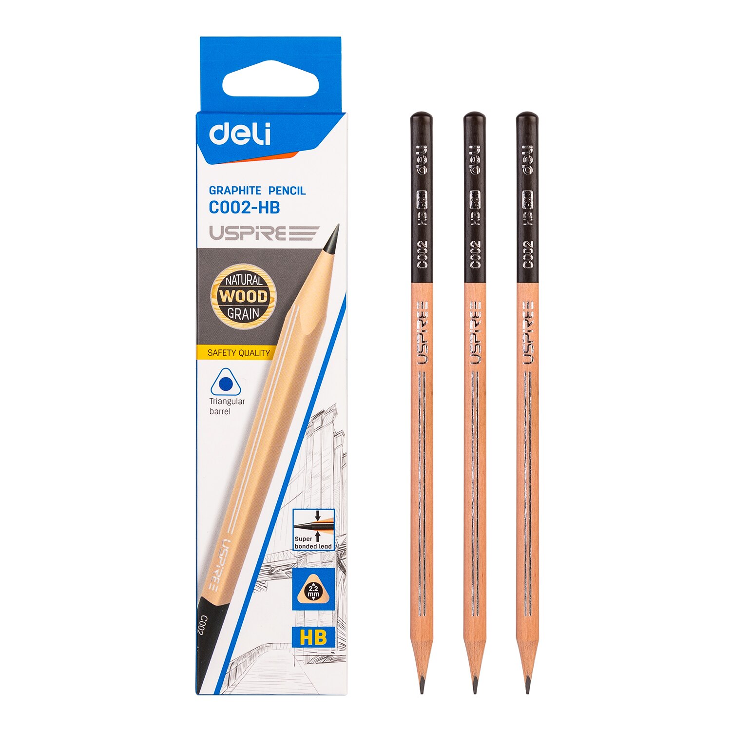 Deli HB Pencil Triangle Pencils 12 Pcs/Set Blue Black Dipped Head Graphite Lead Core Students Writing Stationery EC002-HB