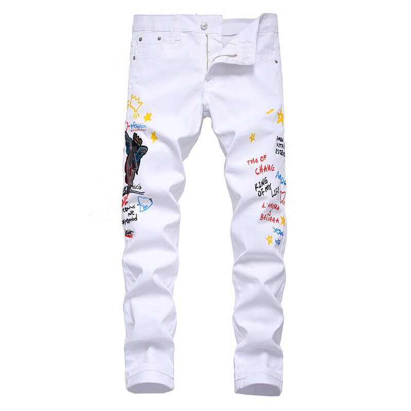 Pantalones vaqueros blancos con estampado de Ángel y letras bordadas para hombre, pantalones pitillo elásticos ajustados a la