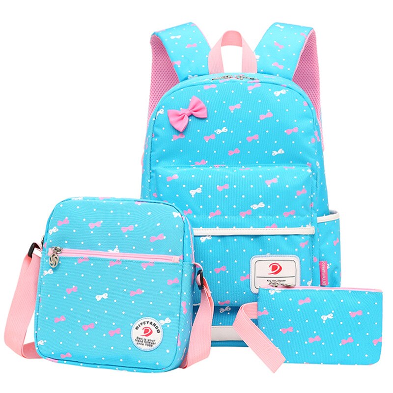 freundlicher Schule Tasche Nette Bogen Druck Mädchen Rucksack Schüler Bookbags 3 Stück einstellen freundlicher Rucksäcke Umhängetasche Kupplung Taschen: Himmel-Blau