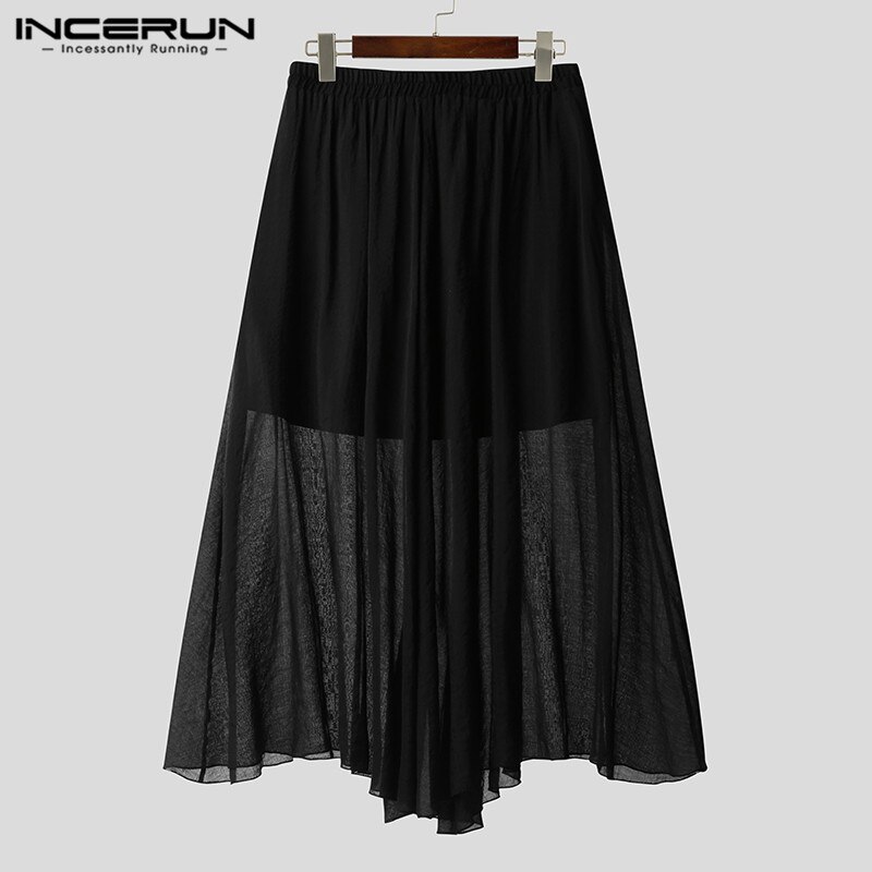 INCERUN Mens Solid Color Skirts Loose Elastic Waist Casual Skirts Spring Male Korean Style Long Skirts Streetwear S-5XL