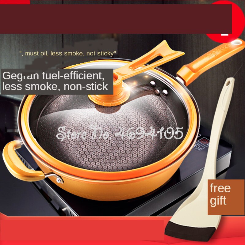 Vacuüm Wok Non Stick Pan Met Cover Geen Olie Rook Pot Ijzeren Pot Huishouden Keuken Inductie Fornuis Universele Pan