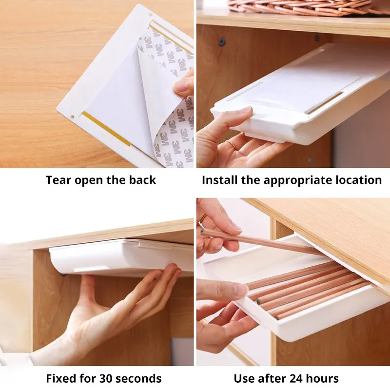 2pc Weiß Selbstklebende Lagerung Schublade Kasten machen-hoch Bleistift Tablett Schreibtisch Versteckte Unter Schreibtisch Stehen Selbst-klebe Unter-schublade Lagerung Kasten