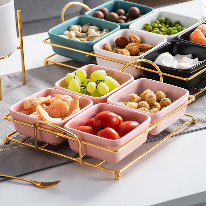 De cerámica bandeja de comida con divisores hogar fruta Bol para bocadillos bandeja de almacenamiento con soporte de hierro decoración de bandejas de ensalada