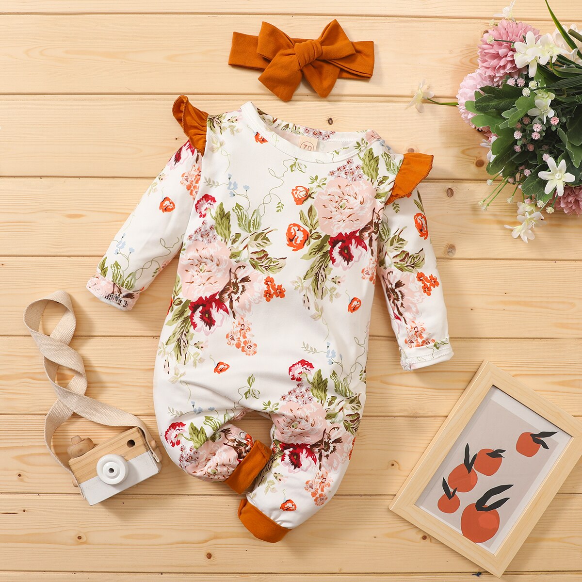 Porte-bébé 2 pièces filles garçons automne barboteuse imprimé fleuri/léopard col rond à volants manches longues combinaison + bandeau nœud