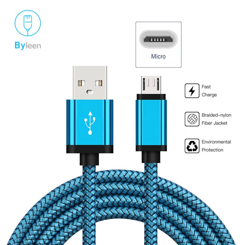 Byleen linha de carregamento rápido, usb 0.25/1/2 m, micro usb 2.0, para huawei y5 y6 2018 p smart cabine p8 lite 2017 honor 9 lite: 2m long / Blue