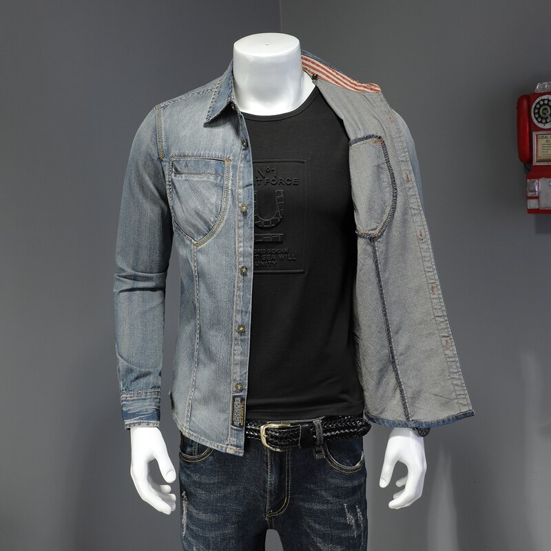 Denim Shirt Long Sleeve Men Casual Cotton Jeans Shirts Slim Fit Mens Solid Pocket Tops