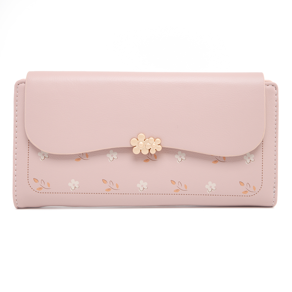 Lange damesportemonnee Koreaans PU-geprinte opvouwbare clutch met ritssluiting en gesp met meerdere kaarten, mode, alles, straat, populair, preppy stude: Roze