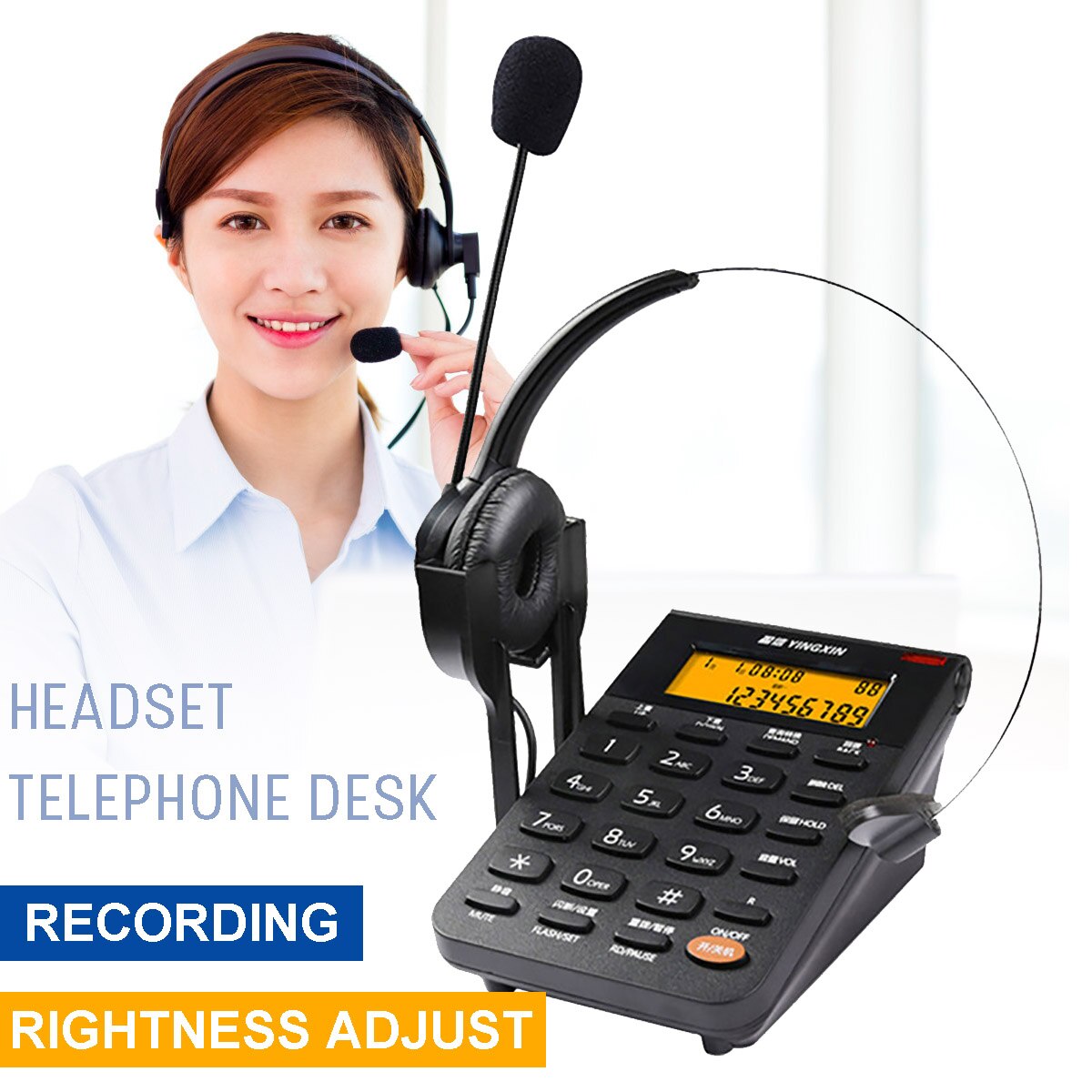 Headset Telephone Desk Phone Headphones Headset Hands-free Call Center Noise Cancellation Monaural with Backlight