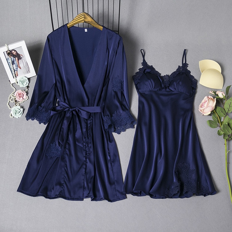 Mechitiz-ensemble de sommeil, robe sexy en soie pour femmes, peignoir deux pièces, robe de nuit luxueuse, printemps été, vêtements de nuit féminins: Bleu ciel / L