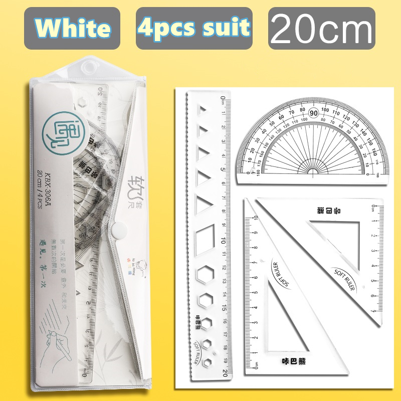 4 sztuk miękka linijka garnitur 15cm 20cm elastyczne wyczyść skala prosto trójkątne linijki kątomierz miara rysunek szkolne A6712: biały 20cm