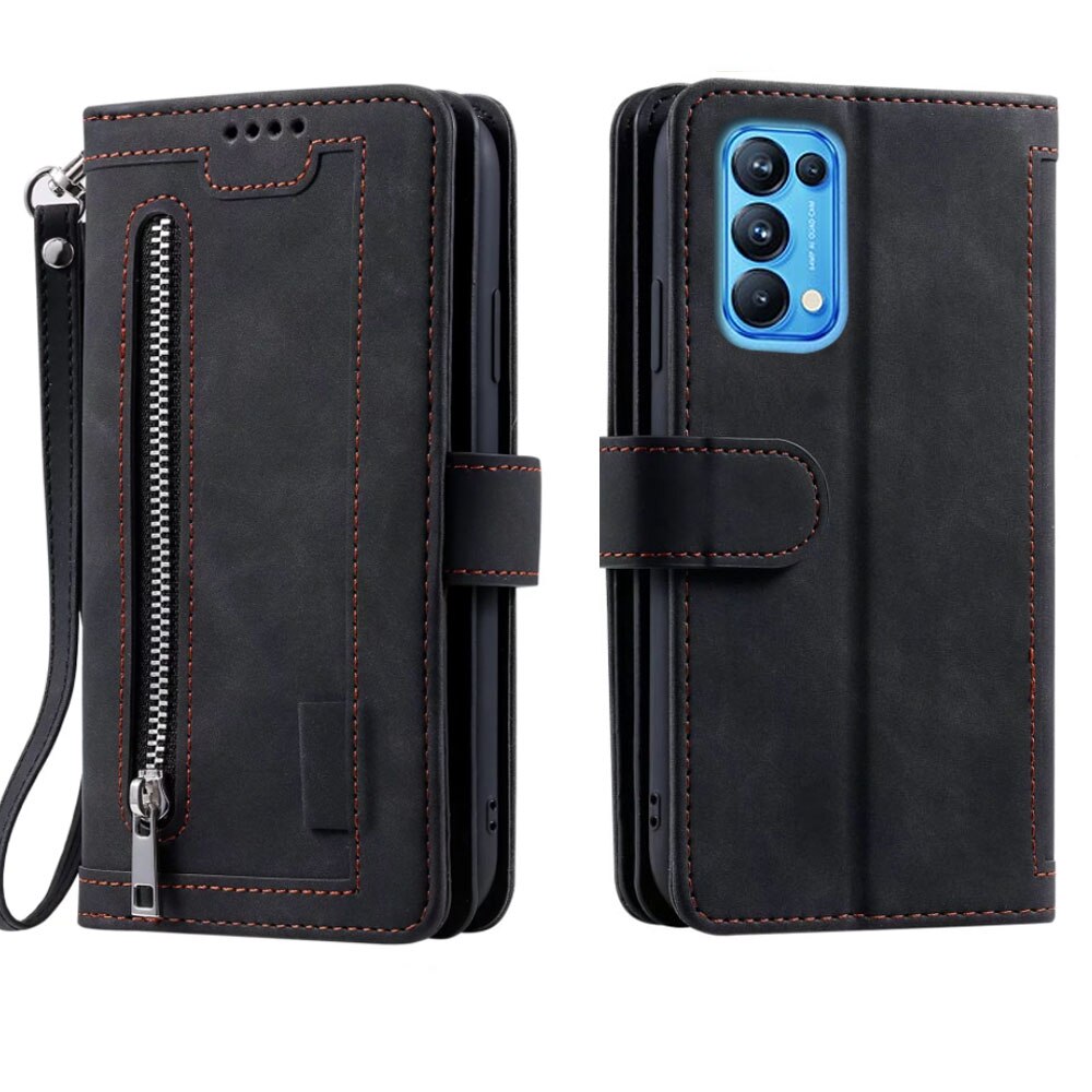 9 Cards Wallet Case for Oppo Find X3 Lite Case Card Slot Zipper Flip Folio with Wrist Strap Carnival for OPPO Reno 5 5G Cover: For Reno Find X3Lite / Black
