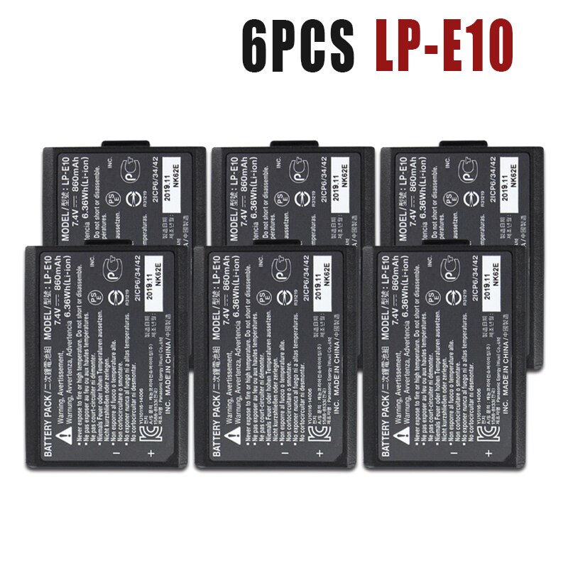 1-10 kpl 7.4v 860 mah lp -e10 lp e10 lpe 10 kameran akku canon eos 1100d 1200d 1300d 1500d 3000d kiss  x50 x70 x80 rebel  t3 t5: 6 kpl