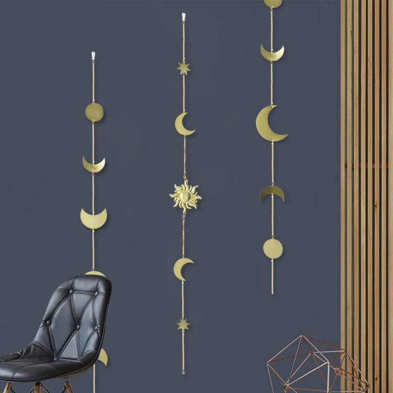 Décoration murale suspendue en forme de lune ou de soleil, pièce ronde en métal, pour salon, pour enfants, avec chaînes