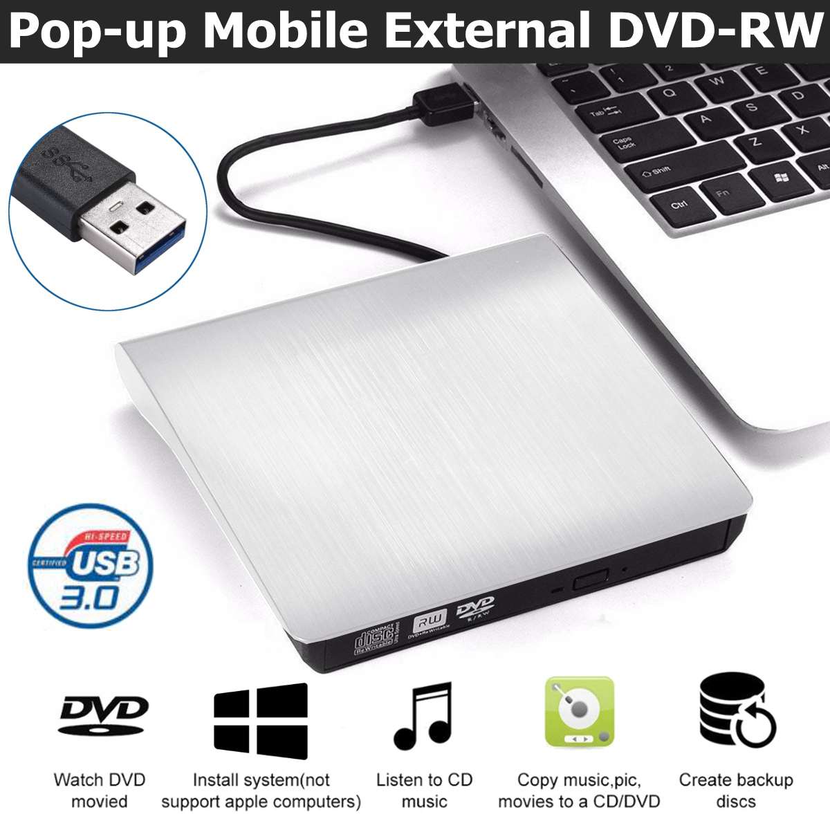 Wit USB 3.0 Slim Externe DVD RW CD Writer Brander Reader Speler Optische Drives Voor Laptop PC