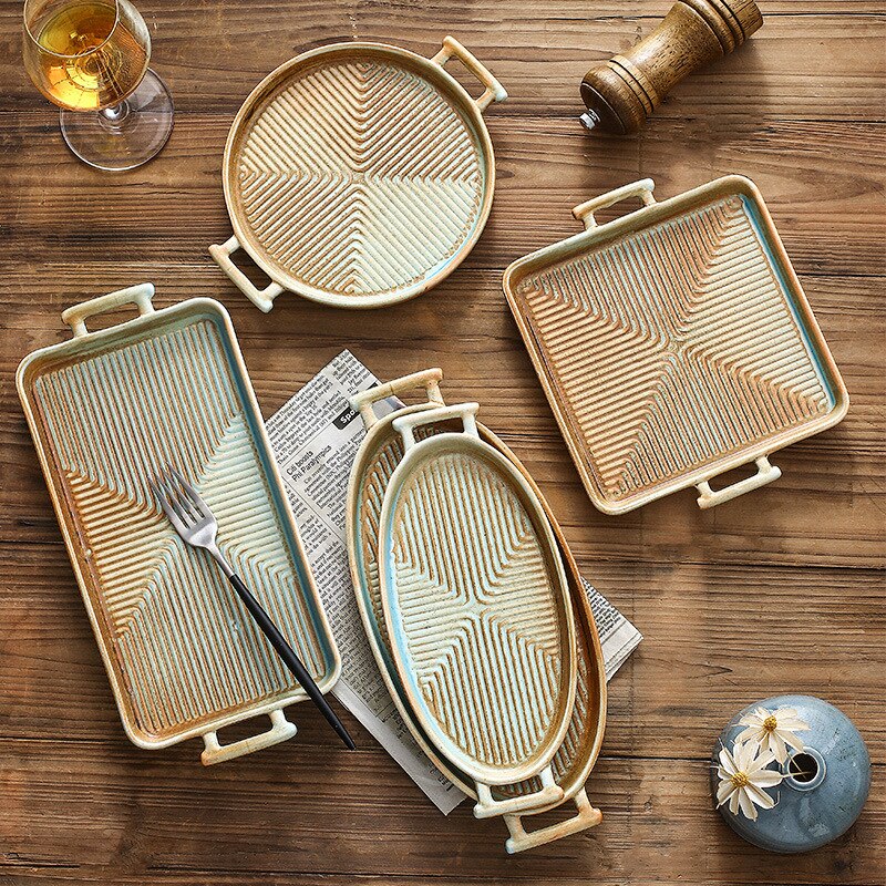 Nordic Keramische Voedsel Schotel Plaat Huishoudelijke Aardewerk Onregelmatige Schotel Salade Schotel Servies Binaural Vierkante Steak Plaat Hotel Vis