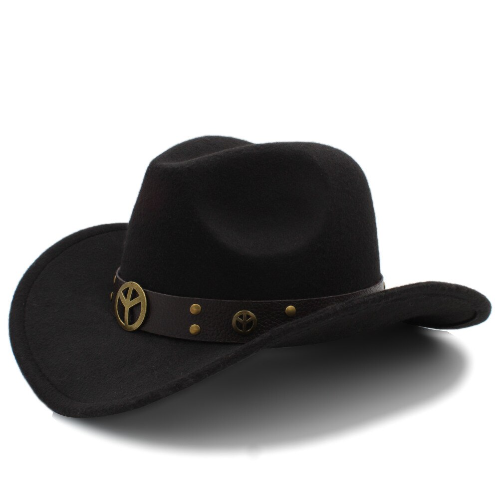 Men Wool Hollow Western Cowboy Hat for Gentleman Cowgirl Jazz Equestrian Sombrero Hombre Cap Size 56-58cm: Black