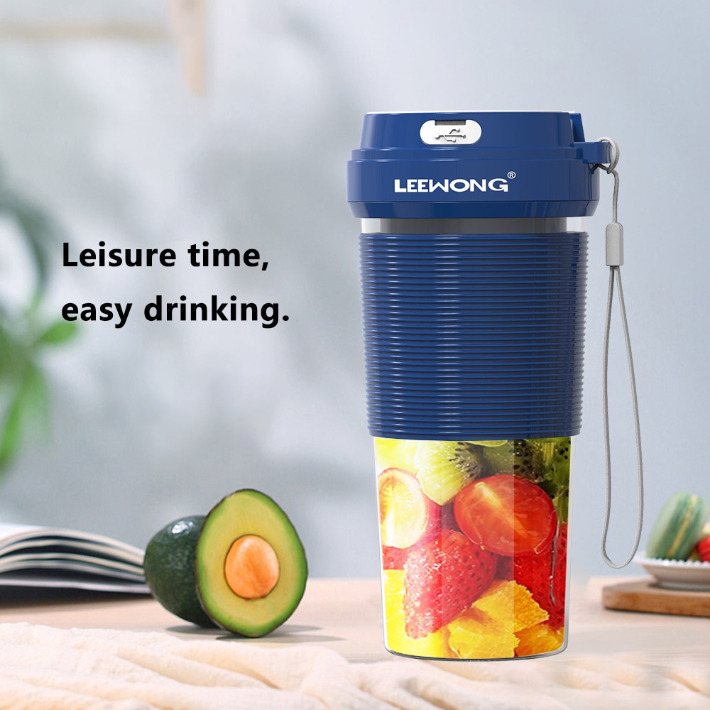 LEEWONG Portable Blender USB Mini Electric Travel Juicer Milkshake Smoothie Mixer 300ml Blue