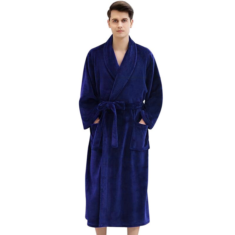 Men's Waffle Hotel Bathrobe Spa Robe Water Absorbing Nightgown Japanese-style Kimono Shawl Collar robe Night Gown: Man Dark blue / L
