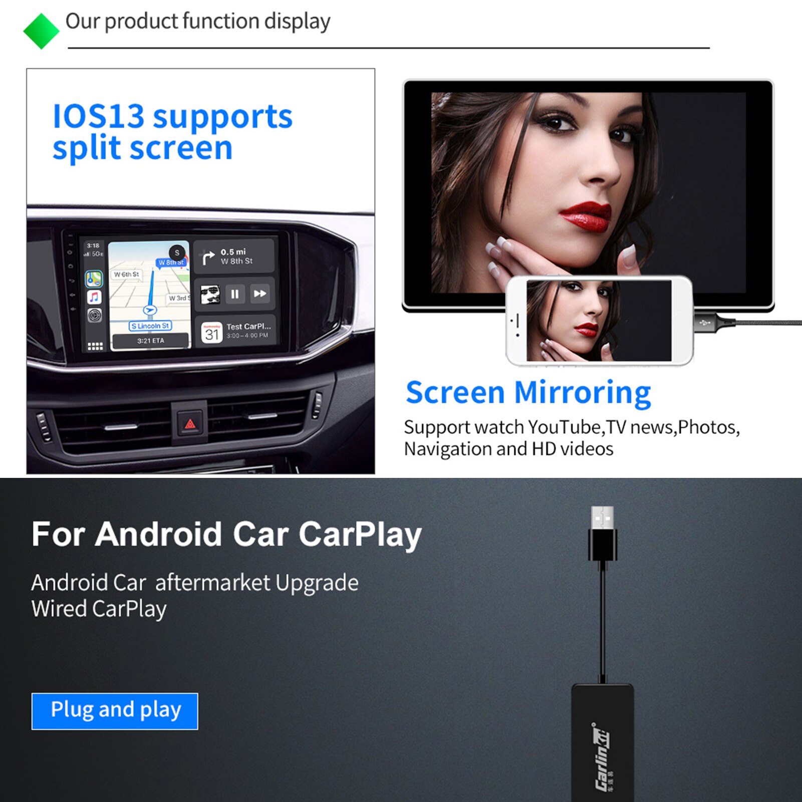 Auto Dongle Car Wireless Activator For Carplay/Android Auto Car Connected Mobile Phone USB Connection Map Car Interior