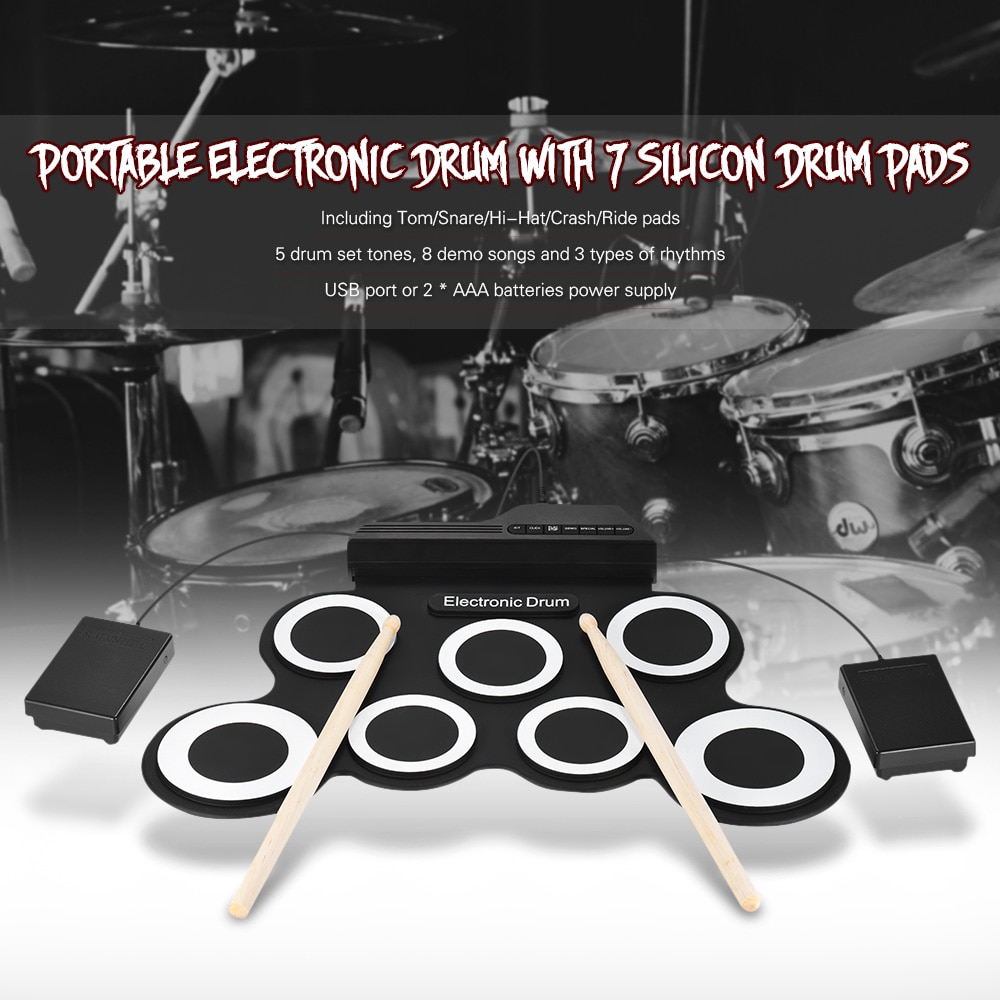 Portable Electronic Drum Digital USB 7 Pads Roll up Drum Set Silicone Electric Drum Pad Kit With DrumSticks Foot Pedal