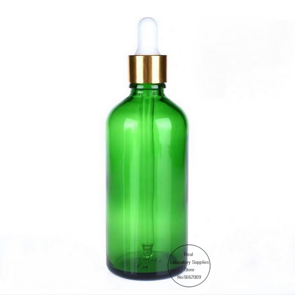 10 unidades/lote de 5ml a 50ml de botella de aceite refinado de vidrio redondo verde de laboratorio con cuentagotas de vidrio círculo dorado para experimento escolar