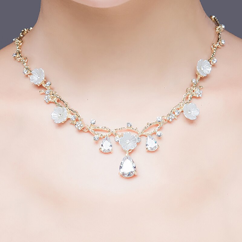 Mode Zilveren Kleur Goud Bruids Sieraden Set Zirkoon Ketting Oorbel Rhinestone Clip Earring Vrouwen Bruiloft Sieraden Accessoires