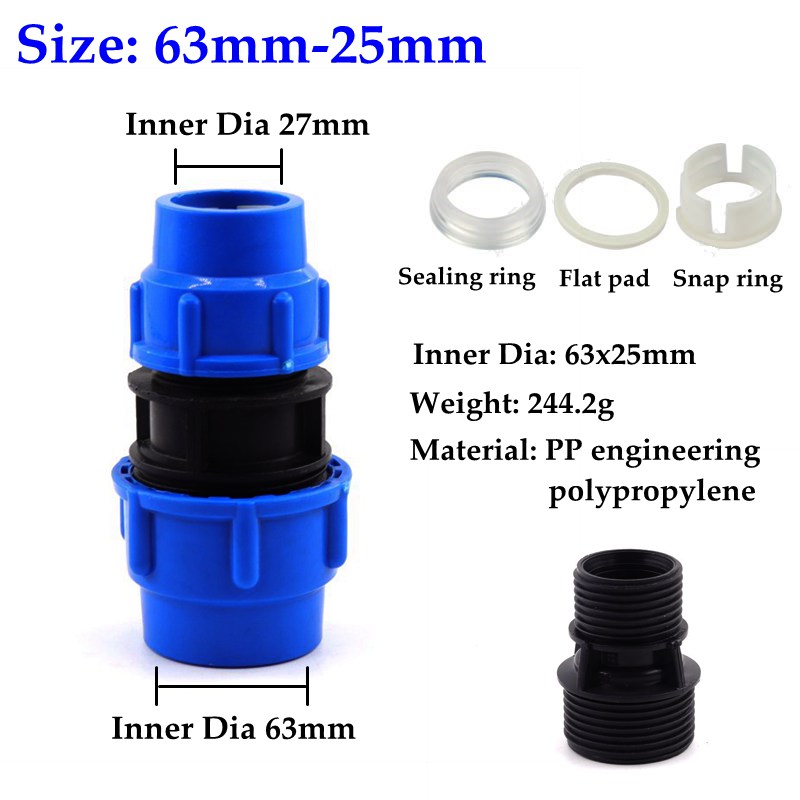 1pc 20-63mm PE Reducing Quick Connector Garden Watering Irrigation System Agricultural Plastic Water Pipe Direct Joint Fittings: Inner Dia 63-25mm