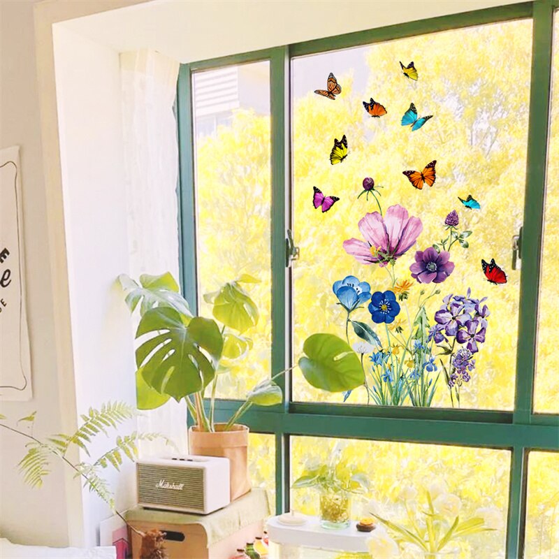 Calcomanías de vinilo anticolisión para ventana, calcomanías florales de pájaros, pegatinas de vidrio de mariposa, decoración del hogar, sala de estar, sin pegamento