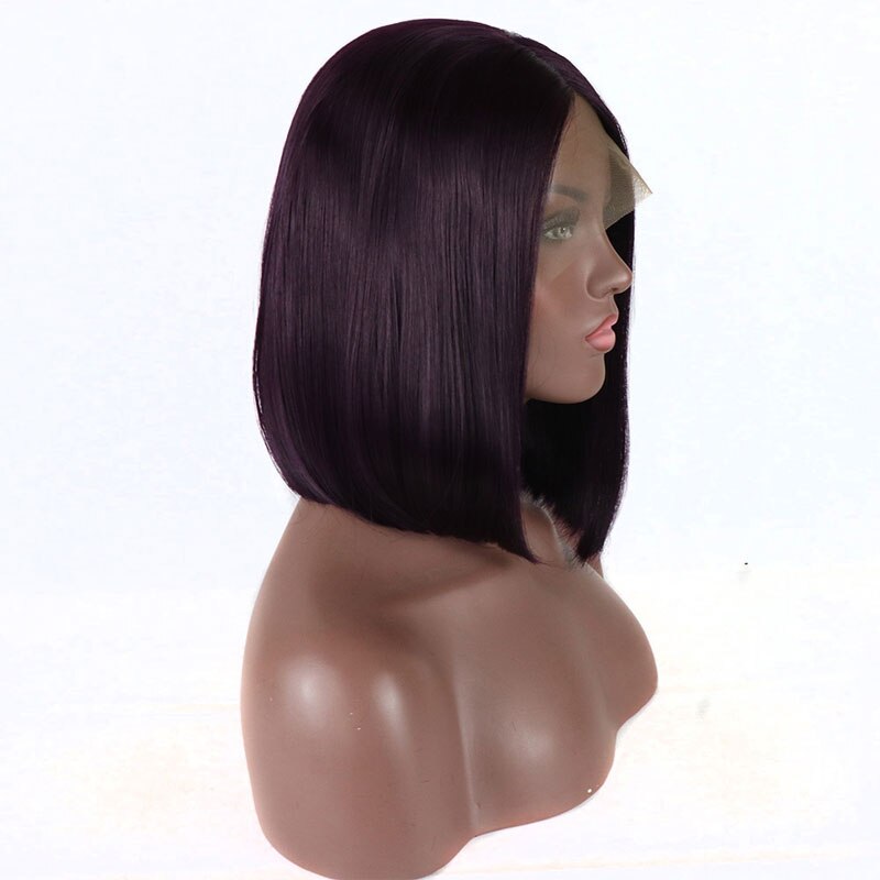 Bombshell curto em linha reta bob peruca dianteira do laço do cabelo sintético roxo escuro resistente ao calor fibra cabelo médio de separação para perucas femininas