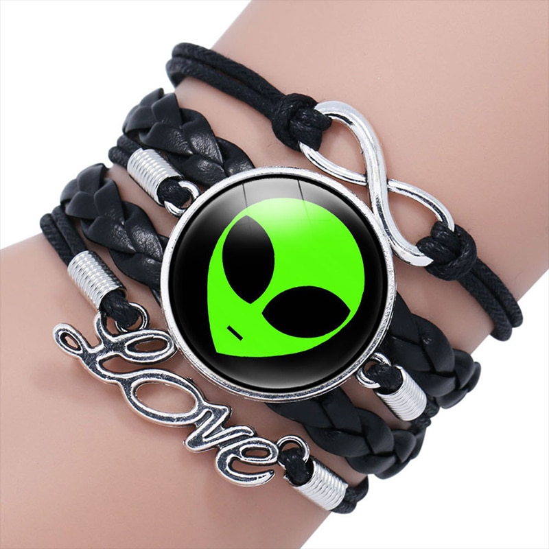 Green Alien Leather Bracelet Multilayer Glass Cabochon Bangle Bracelets Handmade Children's