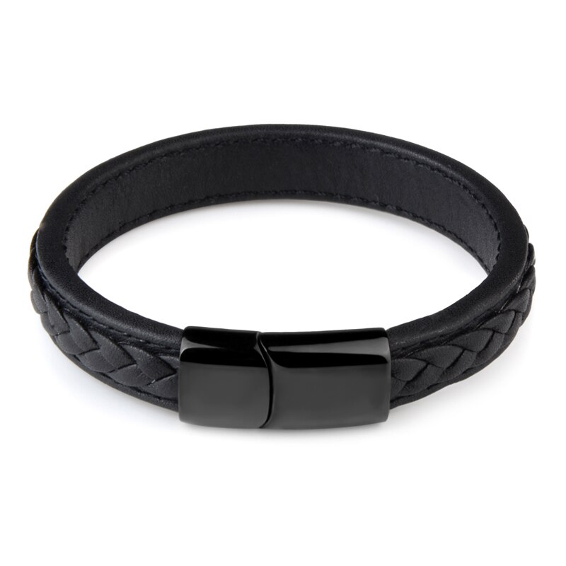 Stainless Steel Leather Bracelet Magnetic Clasp Charm Handmade Braided Accessories For Men: Black / 20.5cm